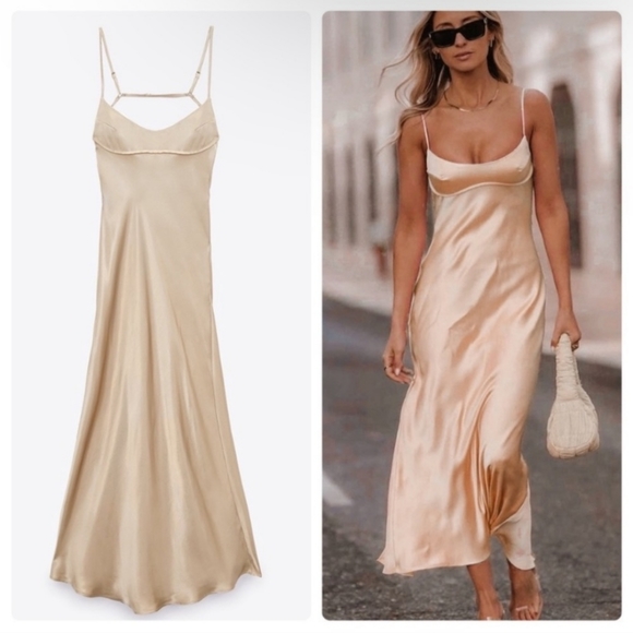 Zara Dresses & Skirts - Zara Satin Effect  Slip Dress Beige Cream